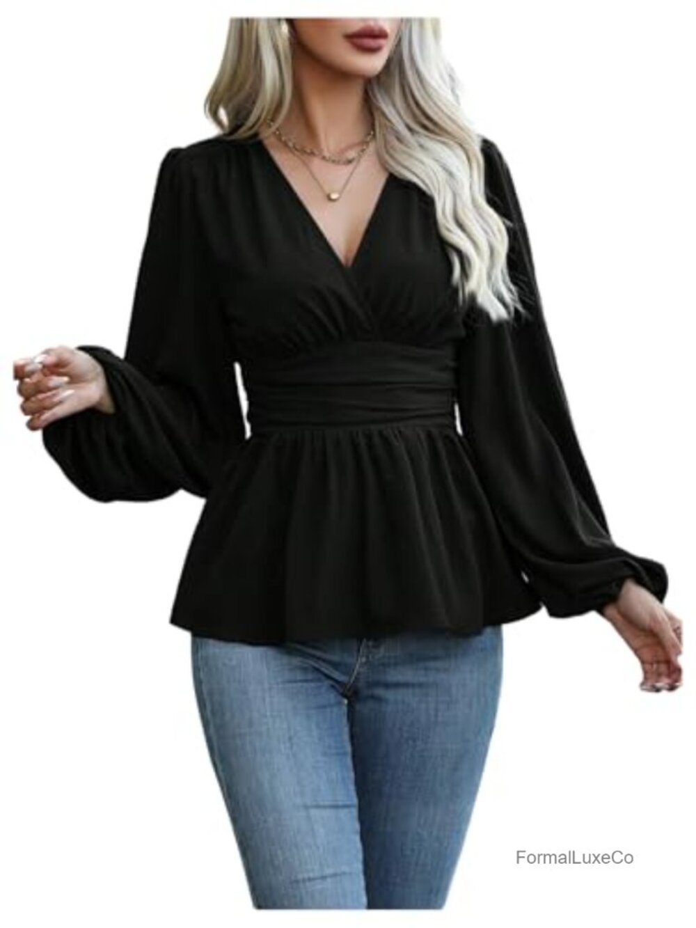 Womens Wrap V Neck Peplum Blouse Ruched Smocked Long Sleeve Dressy Top